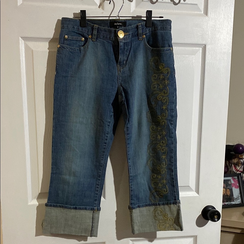 Daisy Fuentes Blue Jeans with Gold Embroidery